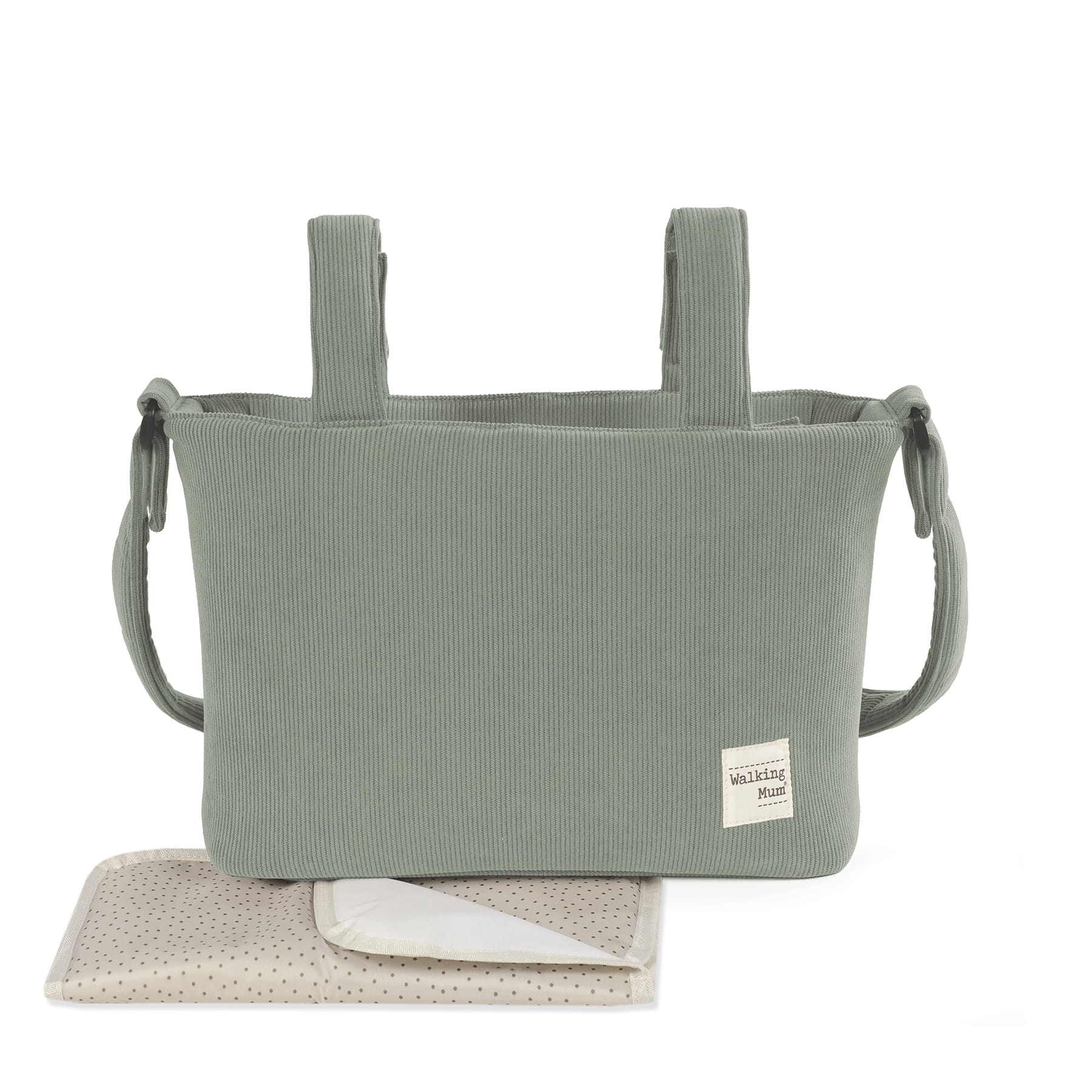 Bolsa verde com etiqueta Walking Mum e muda fraldas bege com pontos