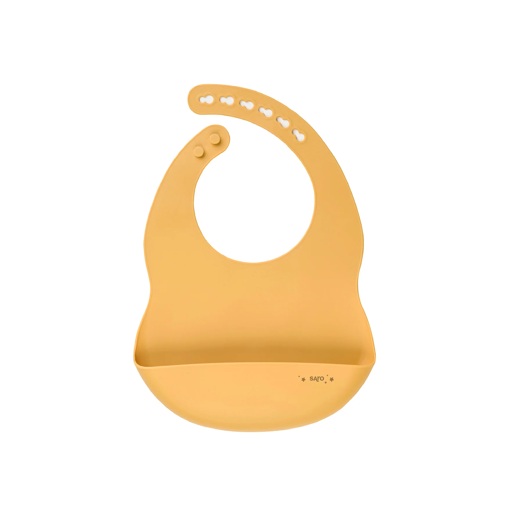 Babete de silicone amarelo com bolso e fecho ajustável