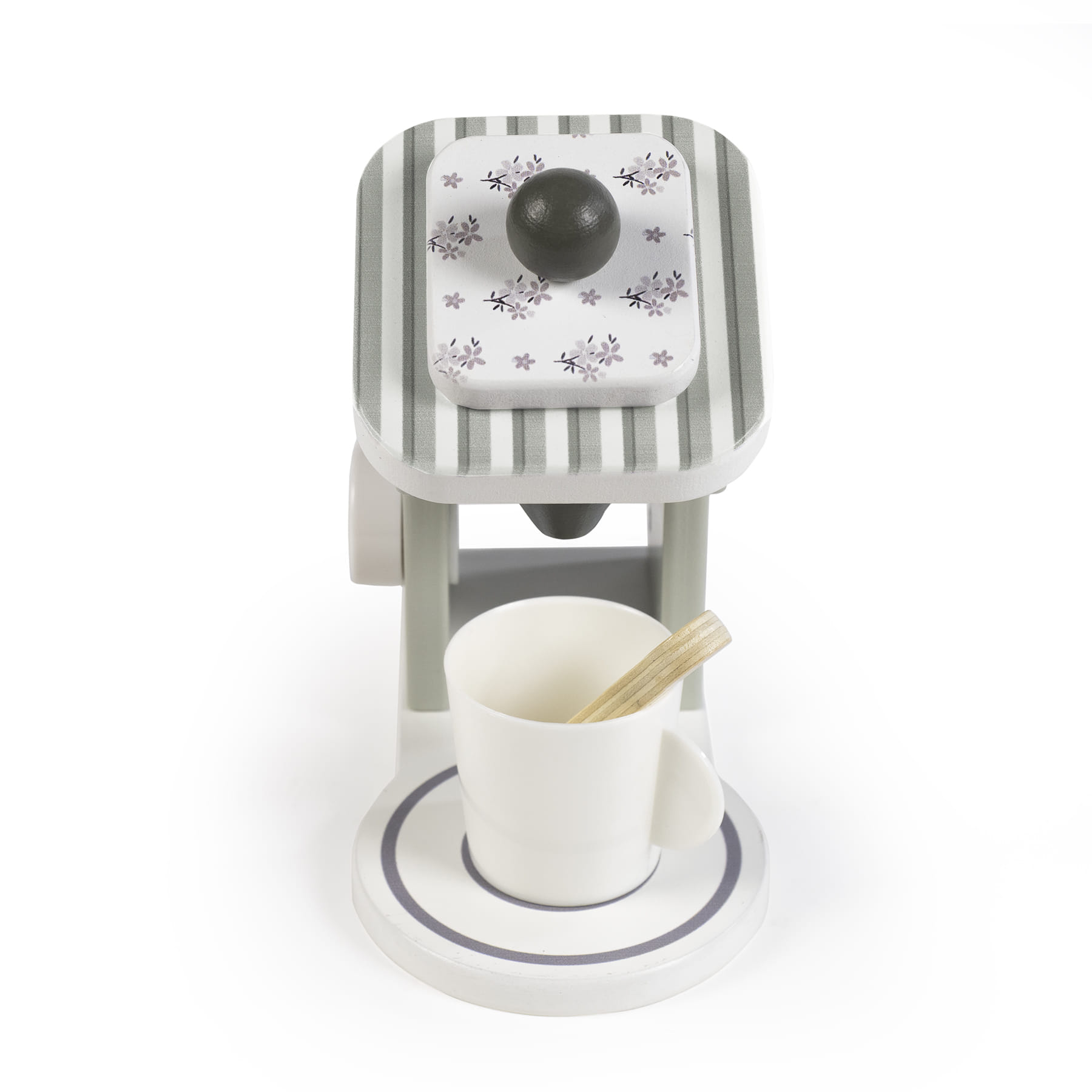 Máquina de café de brinquedo em madeira com chávena e colher