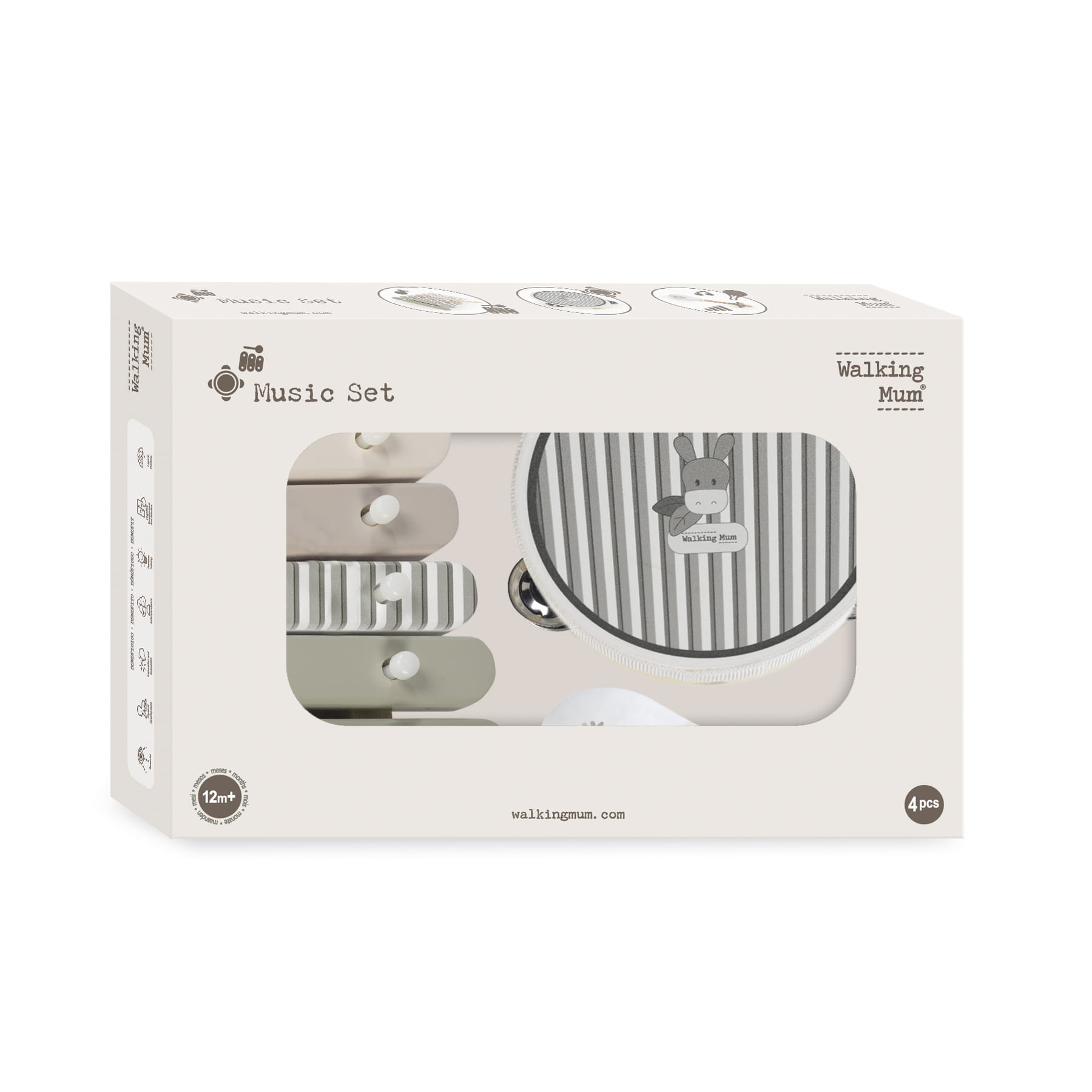 Conjunto musical infantil com 4 peças em cinza e branco, embalagem com burro ilustrado