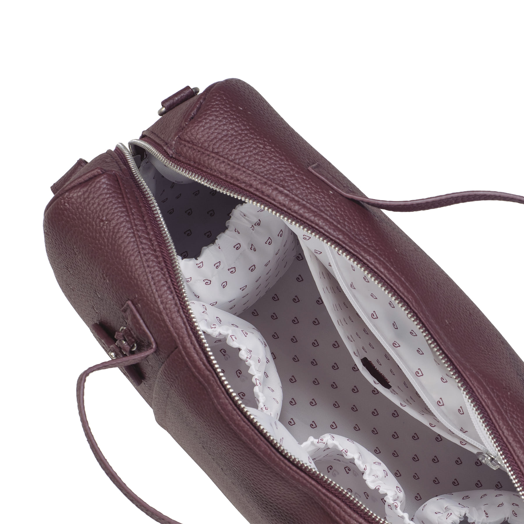 Mala vinho de couro com fecho e interior branco com padrão repetido