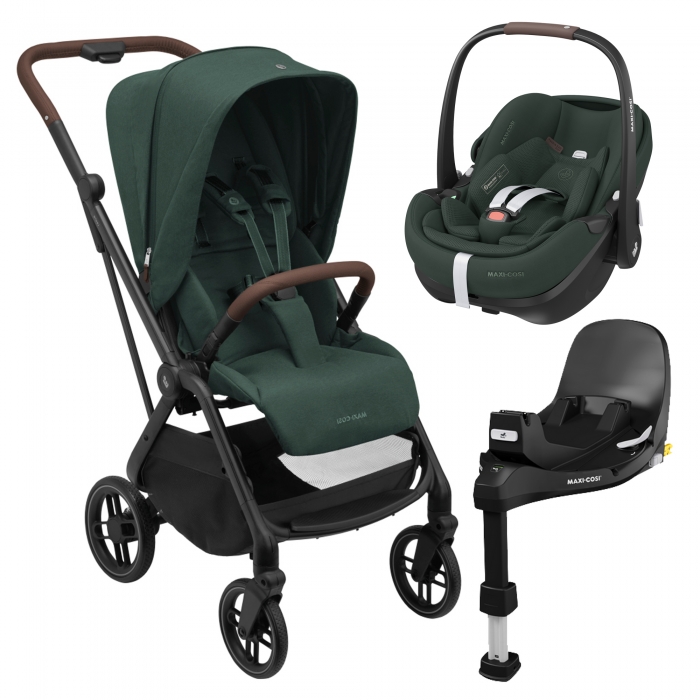 Carrinho de bebé com assento verde e cadeirinha auto correspondente com base