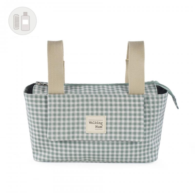 Bolsa xadrez verde-água e branco com alças bege e etiqueta 'Walking Mum'