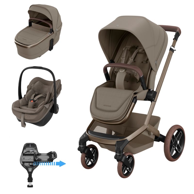 Conjunto de transporte infantil bege com carrinho, alcofa, cadeira auto e base