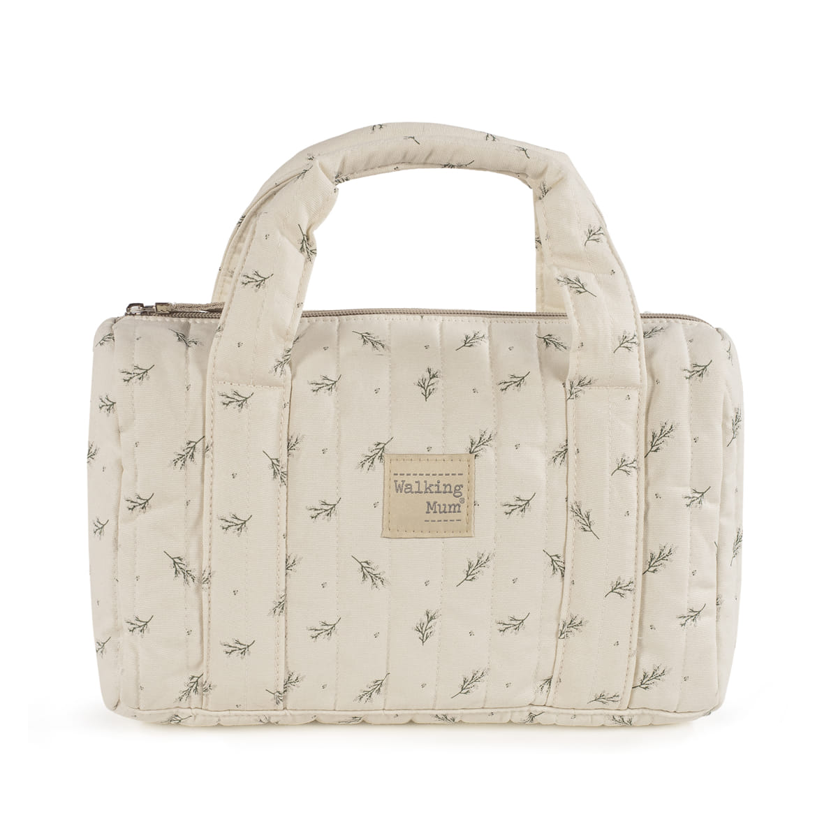 Mala pequena de tecido bege com padrão de folhas e etiqueta Walking Mum