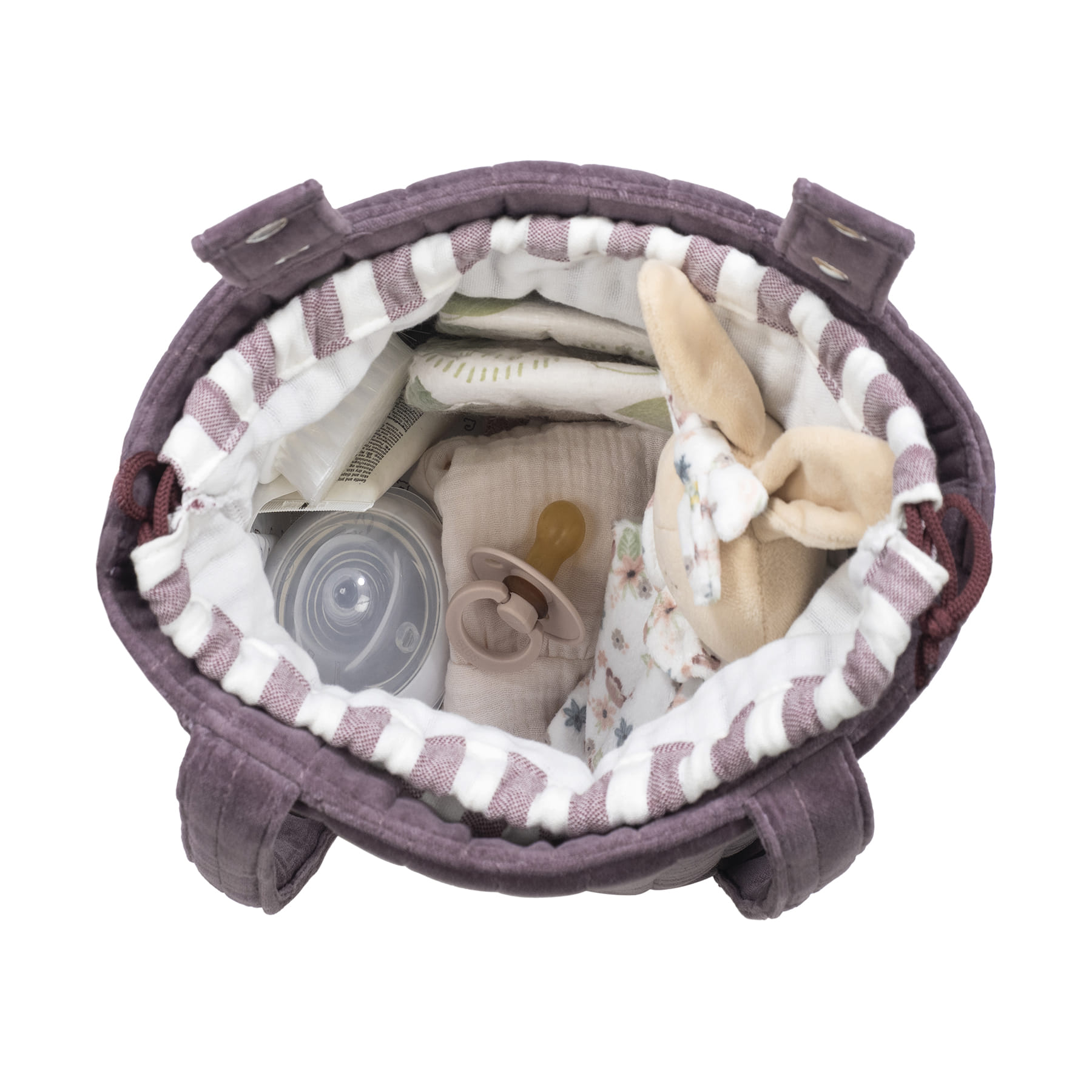 Mala de tecido roxa com interior branco e riscas roxas aberta com utensílios de bebé visíveis
