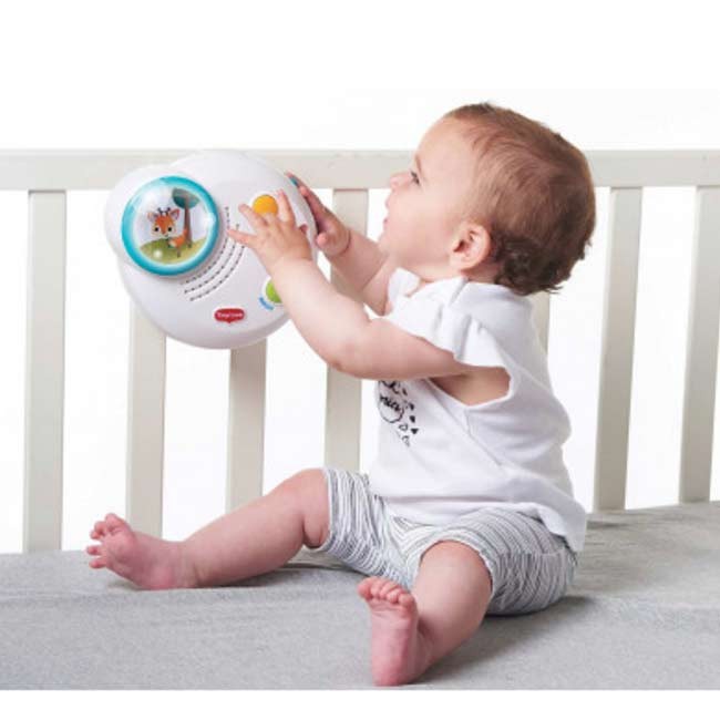 bebé a brincar com brinquedo colorido no berço branco