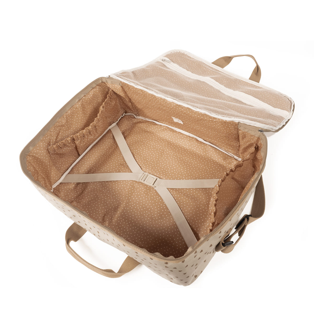 Mala de viagem quadrada bege com interior castanho claro e padrões de pontos, vista de cima com tampa aberta