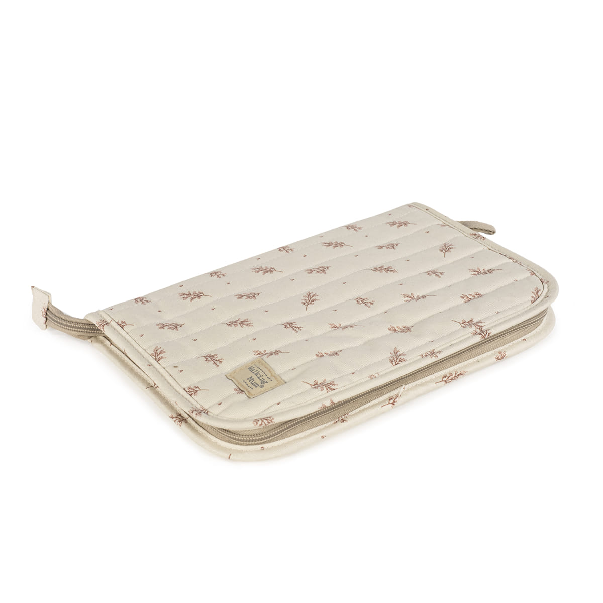 Estojo portátil acolchoado bege com padrão de flores castanhas e fecho de correr.
