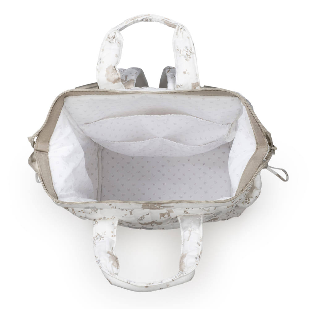 Mala branca com padrão de cavalos e interior branco com pequenos pontos