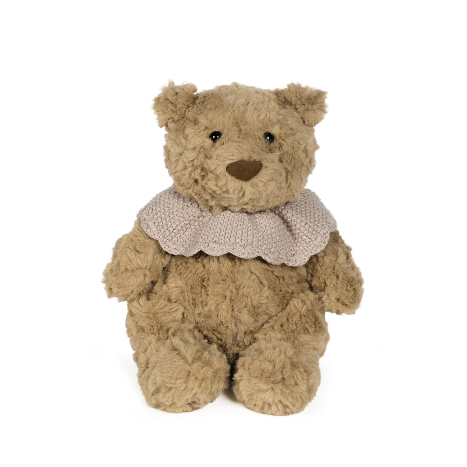 Urso de peluche castanho claro com gola de malha rosa claro