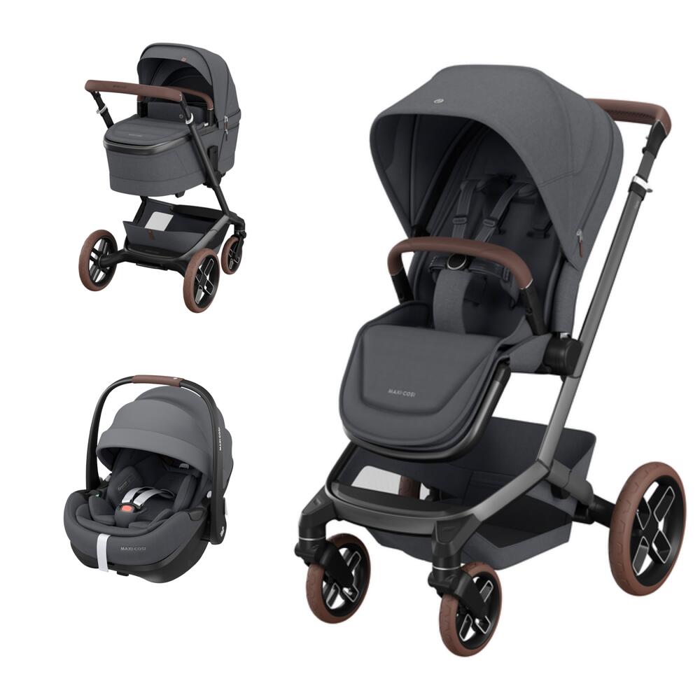 Conjunto de carrinho, alcofa e cadeira auto de bebé em cinzento escuro com detalhes castanhos MAXI-COSI