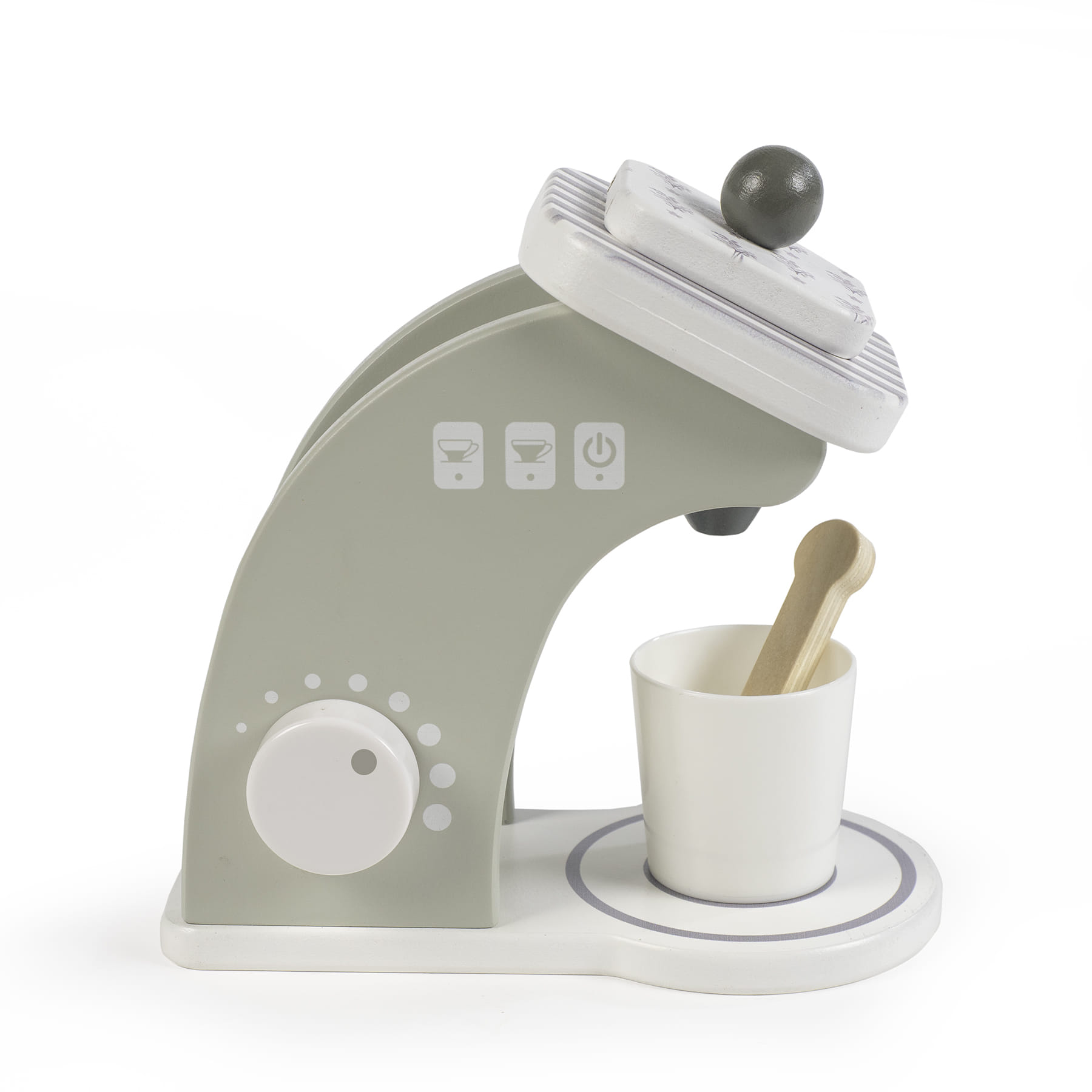 Máquina de café de brinquedo em madeira cinza e branca com copo e colheres