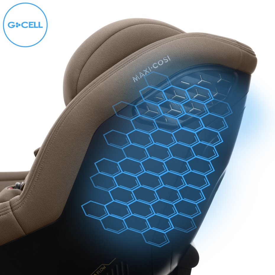 Cadeira auto Maxi-Cosi castanha com padrão hexagonal azul e logotipo G-CELL