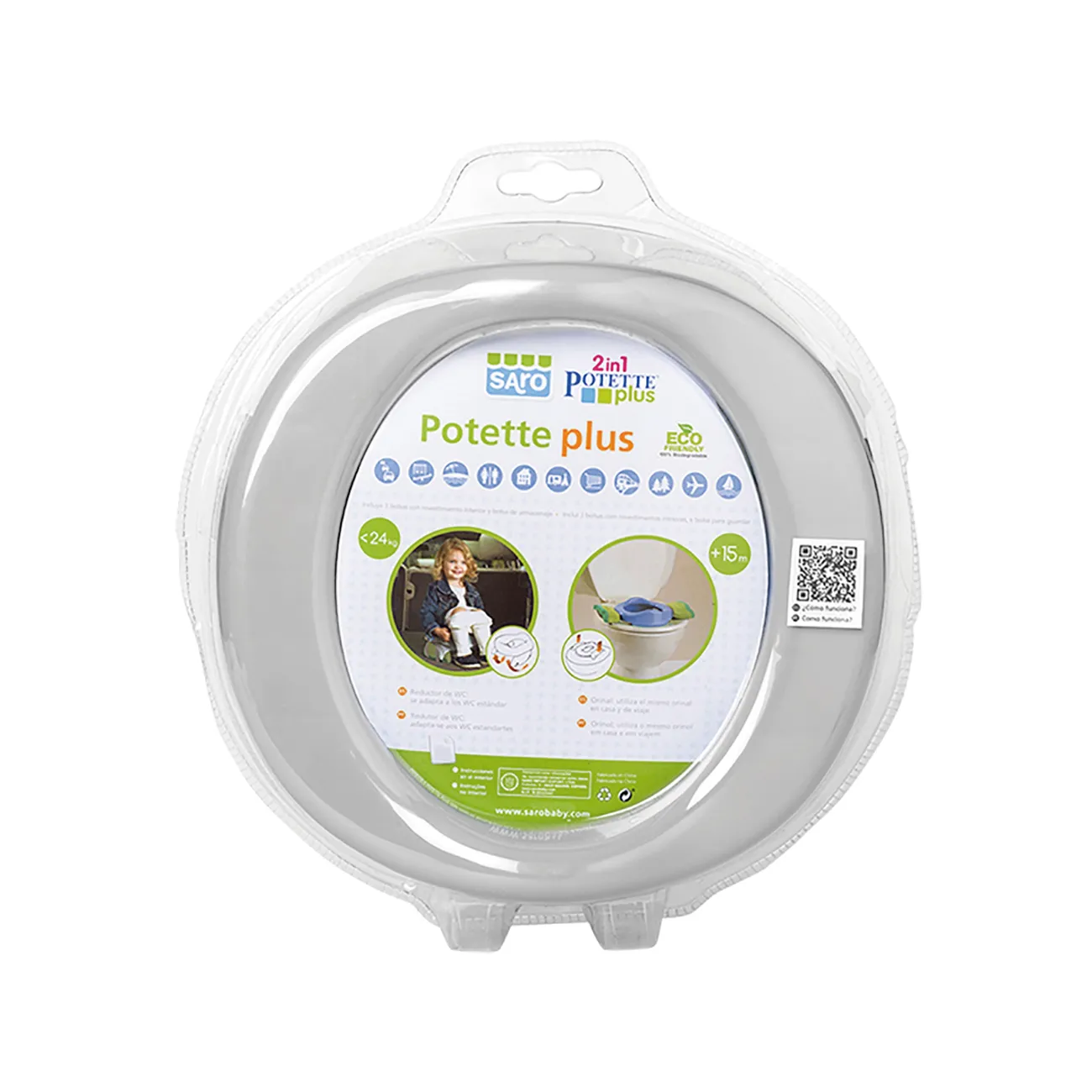 Dispositivo infantil Potette Plus em branco e verde com embalagem transparente