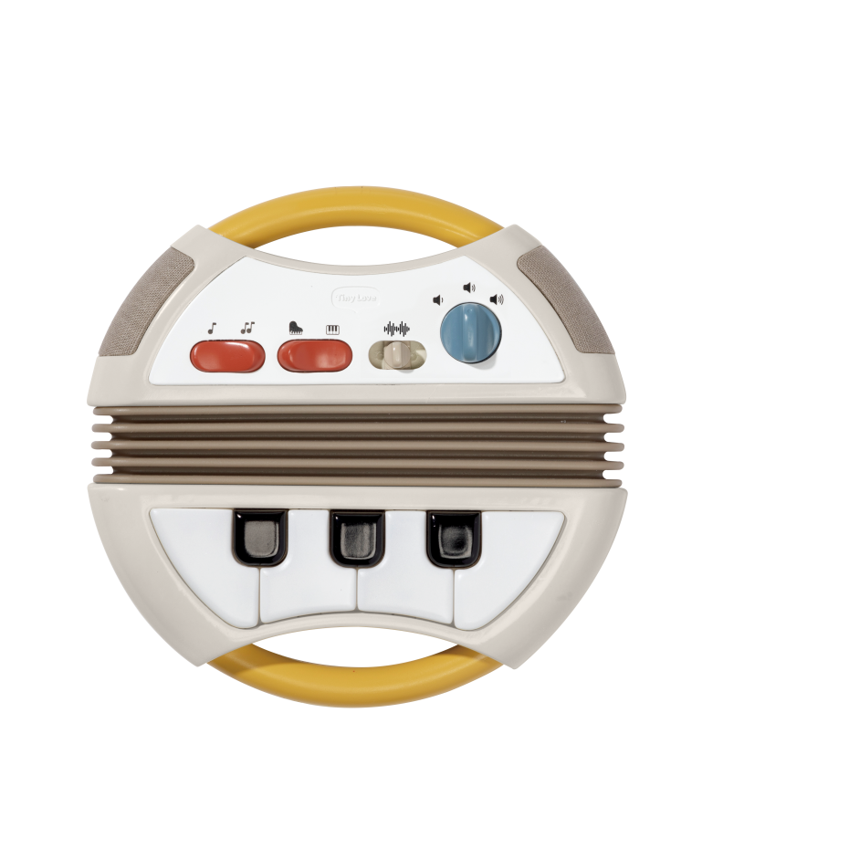 Instrumento musical infantil branco, amarelo e cinzento com botões e teclas pretas