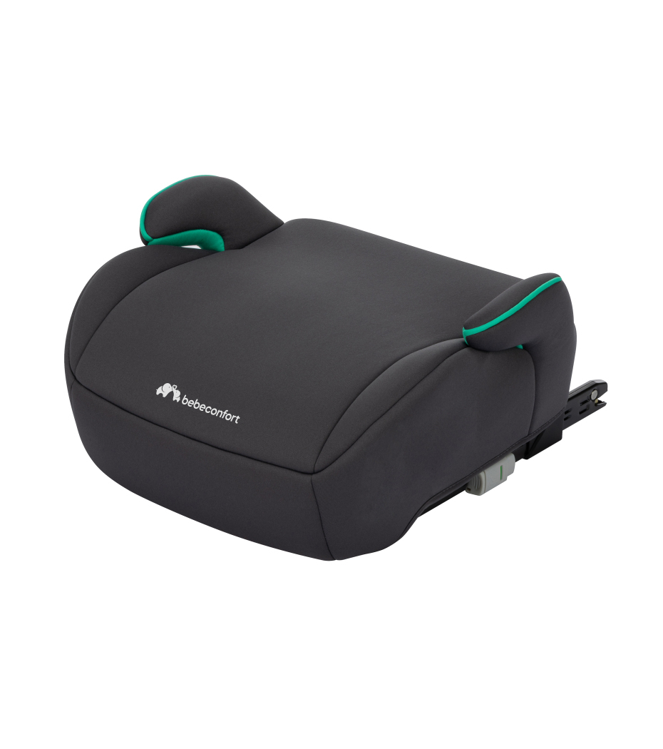 Assento elevatório para criança preto com detalhes verdes e logo bebeconfort