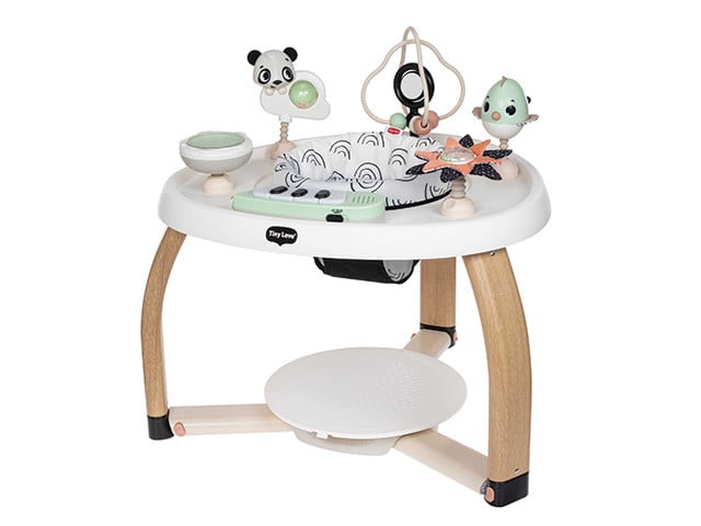 Centro de atividades para bebé com brinquedos de peluche verde claro, branco e preto