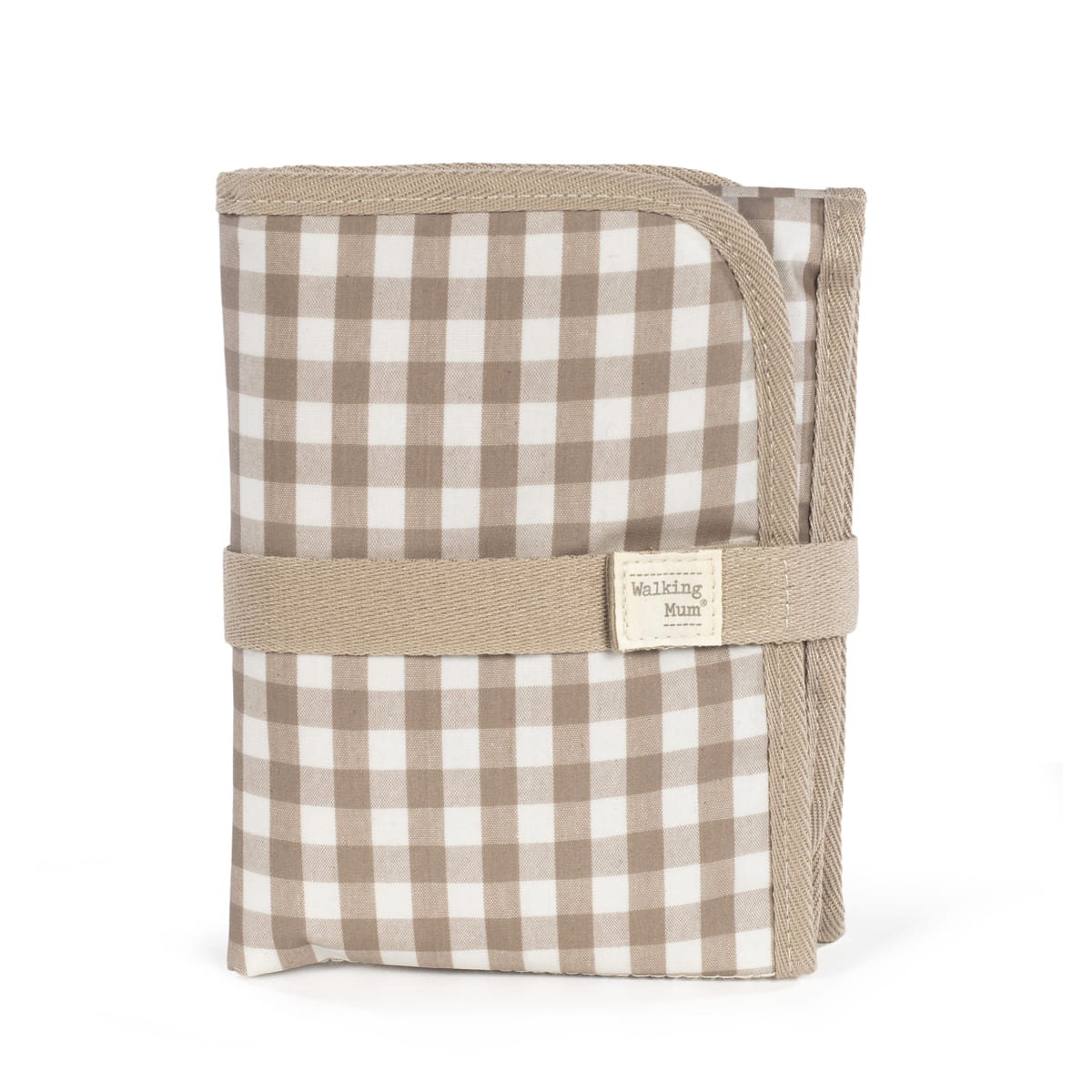 Carteira xadrez bege e branco com fita bege e etiqueta Walking Mum