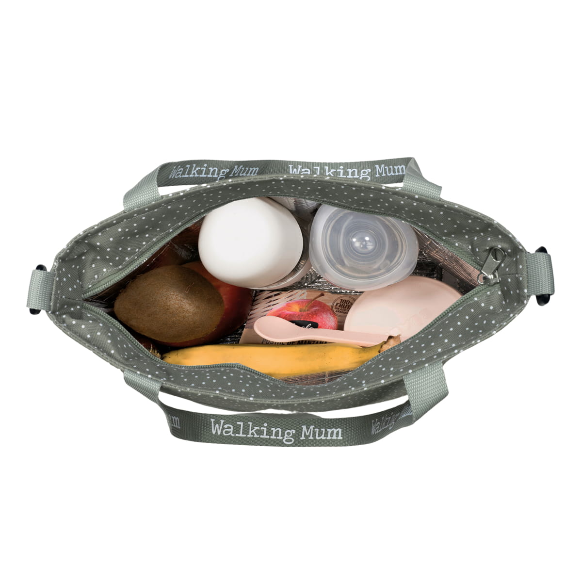 Mala cinzenta com bolinhas brancas e alças 'Walking Mum' vista de cima com vários objectos dentro