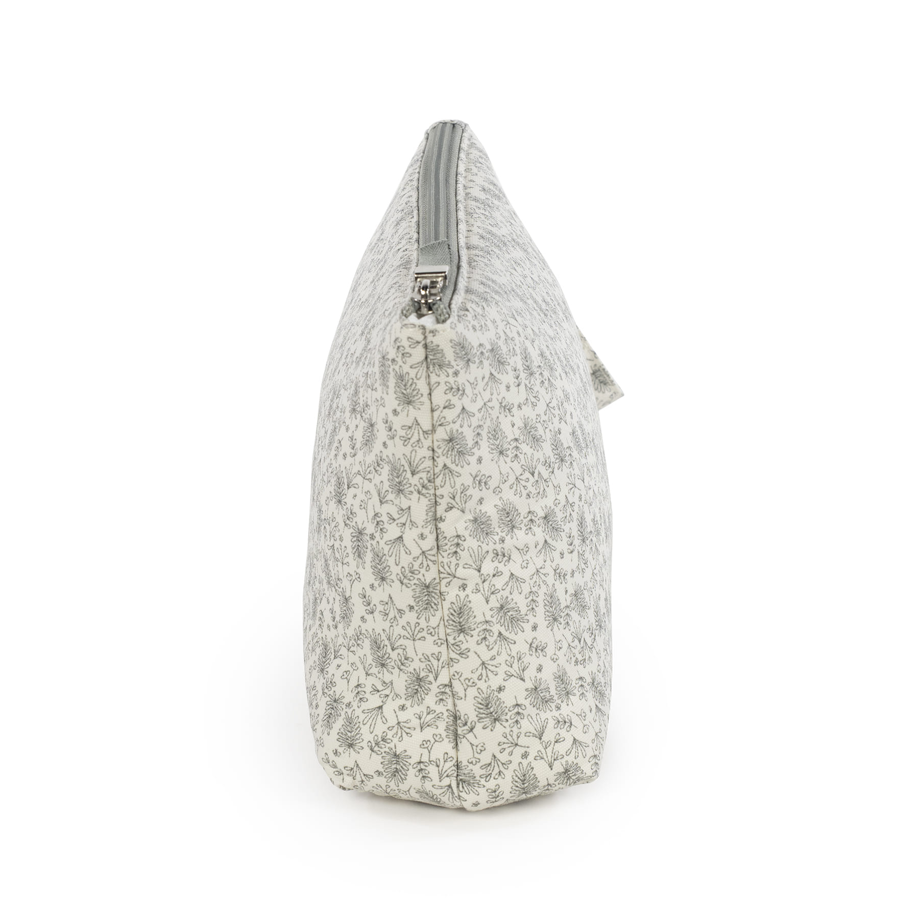 Necessaire tecido bege com padrão floral cinzento e fecho de correr cinzento