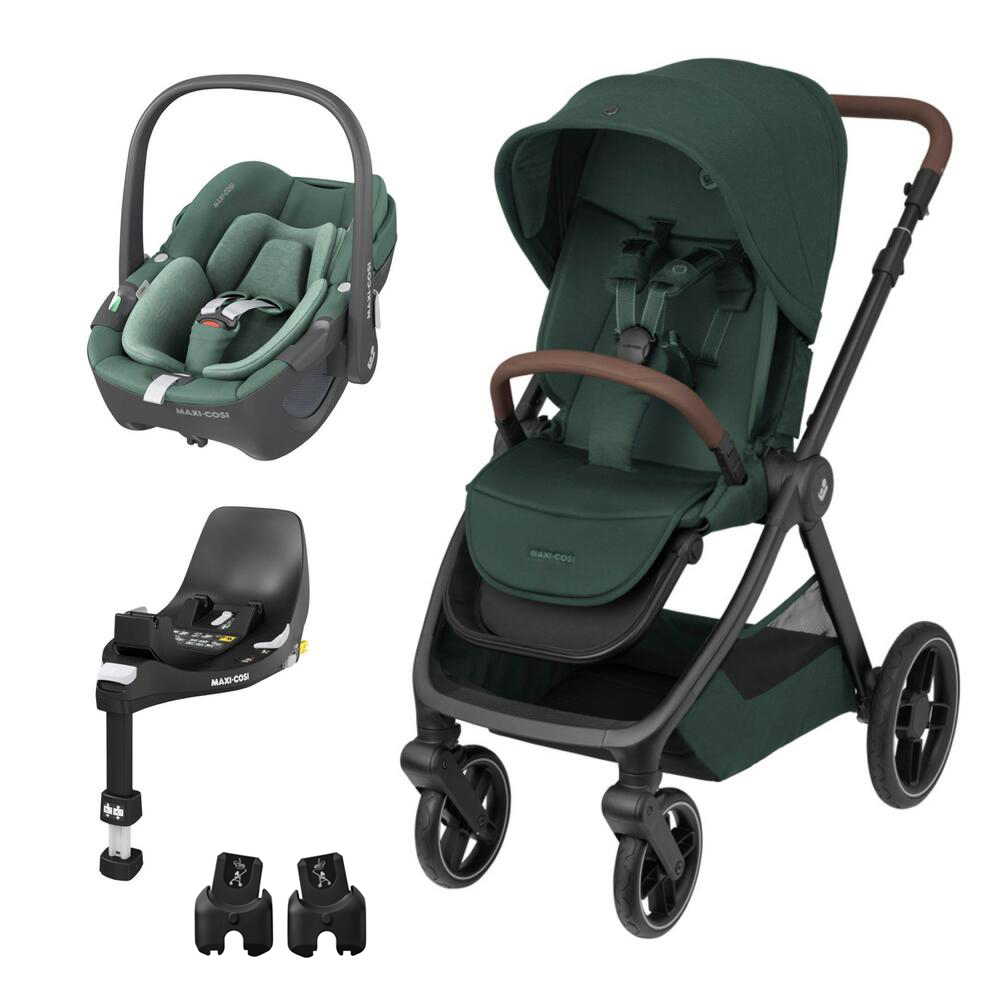 Conjunto de carrinho de bebé e cadeira auto verde escuro com base e adaptadores