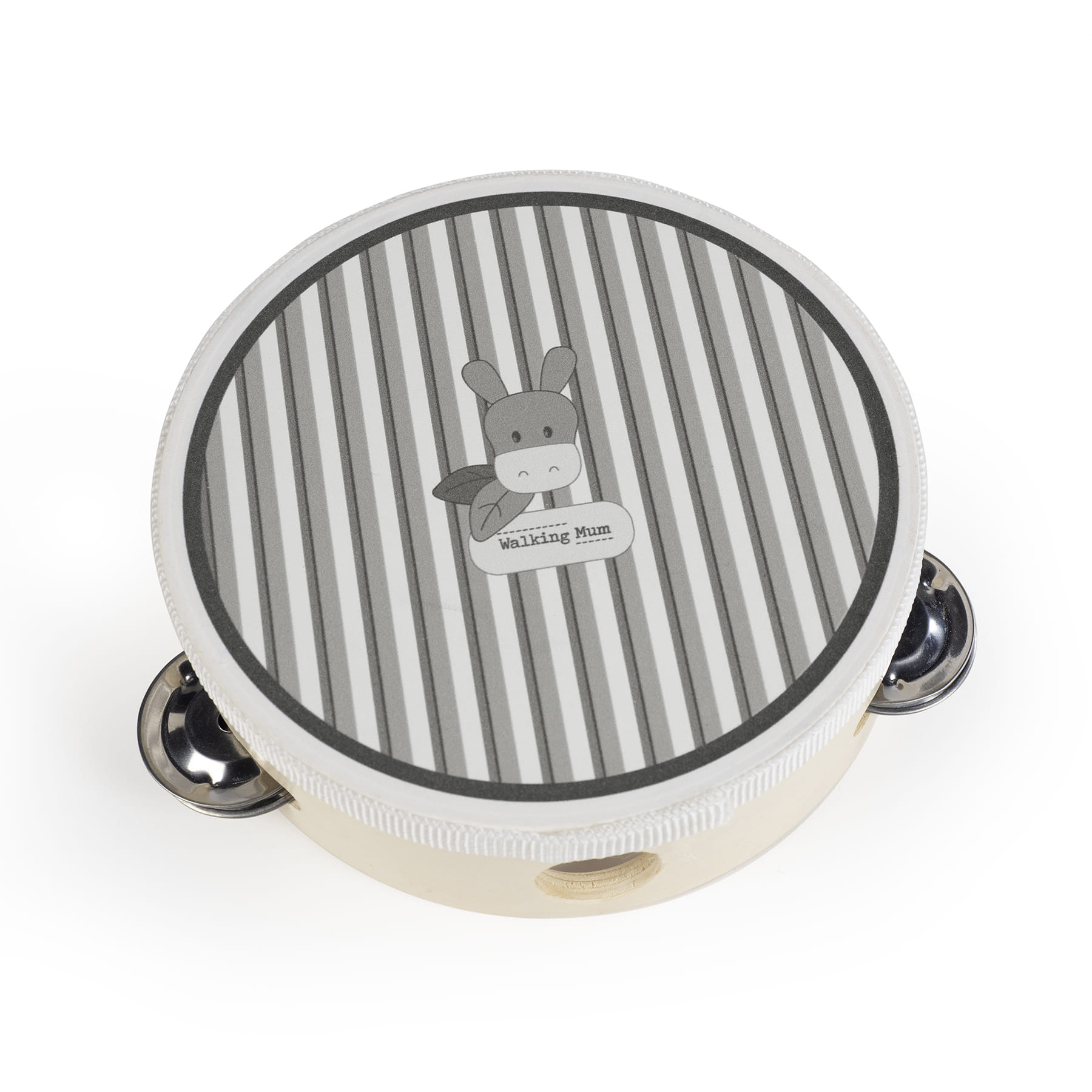 Tamborim de madeira com pele riscada cinza e branca e desenho