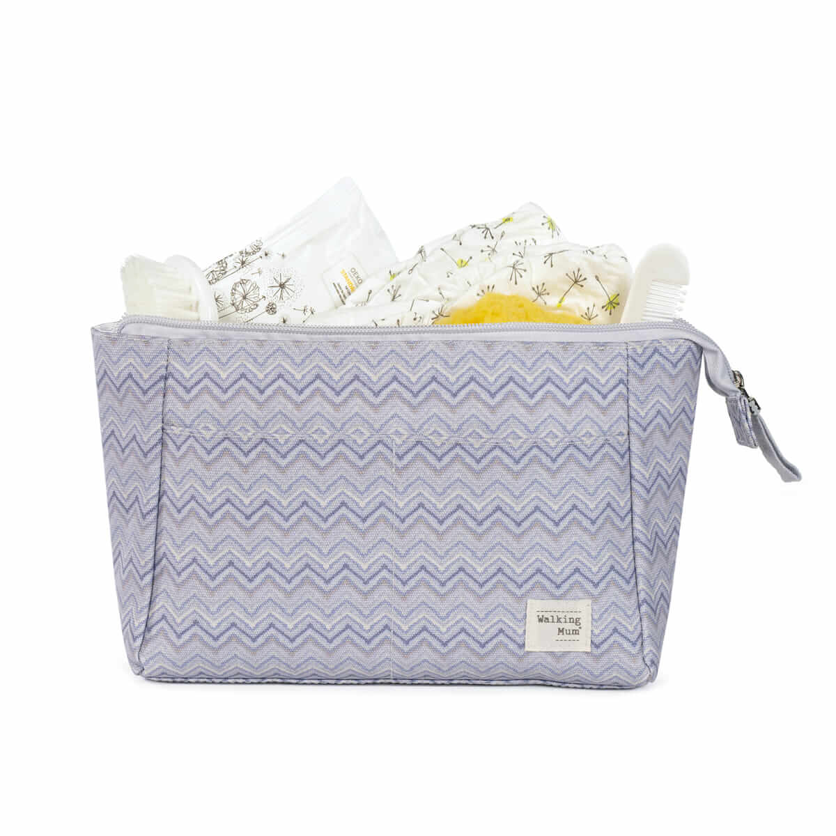 Bolsa cinza claro com padrão espinha de peixe e fraldas estampadas com flores e girassóis