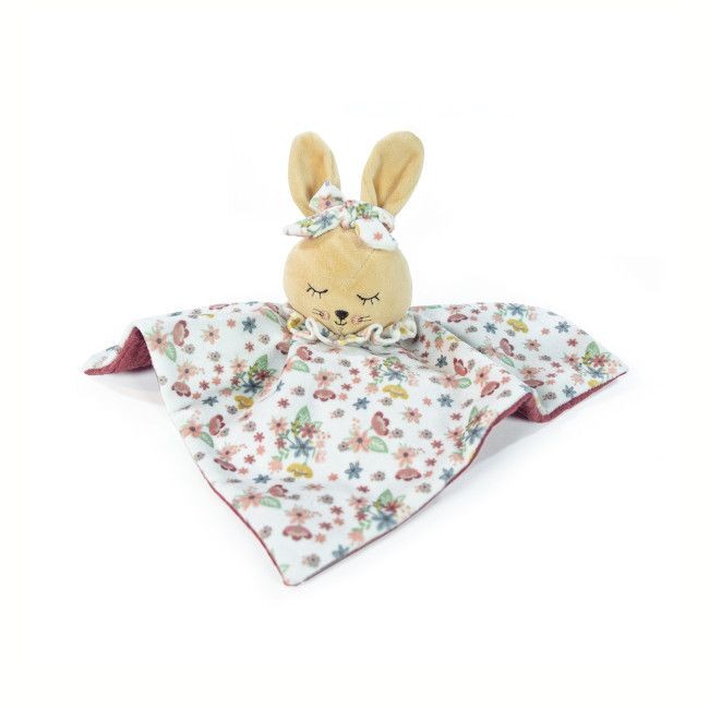 Doudou coelho com cabeça bege e corpo branco com flores coloridas
