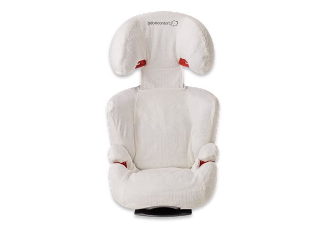 Cadeira auto branca para crianças com tecido felpudo e detalhes vermelhos