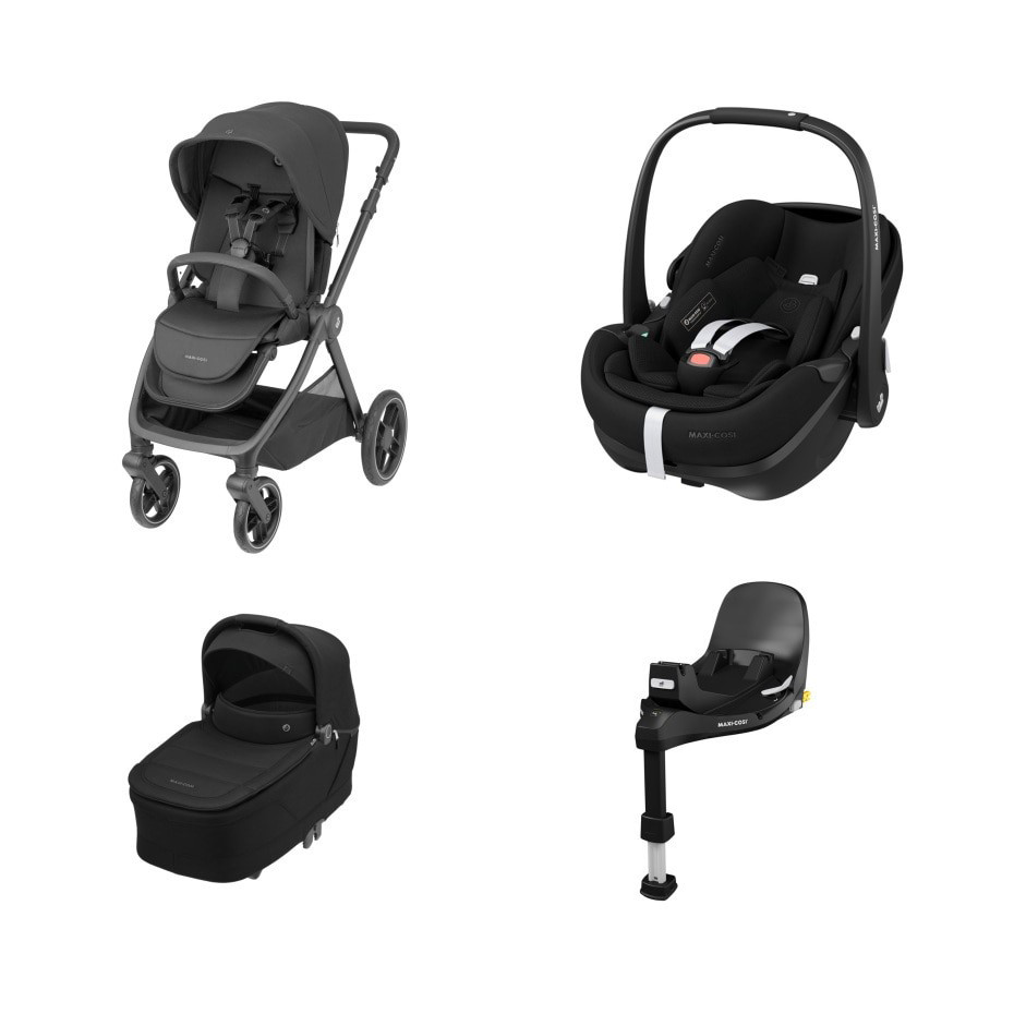 Conjunto de carrinho, alcofa, cadeira auto e base em preto para bebé