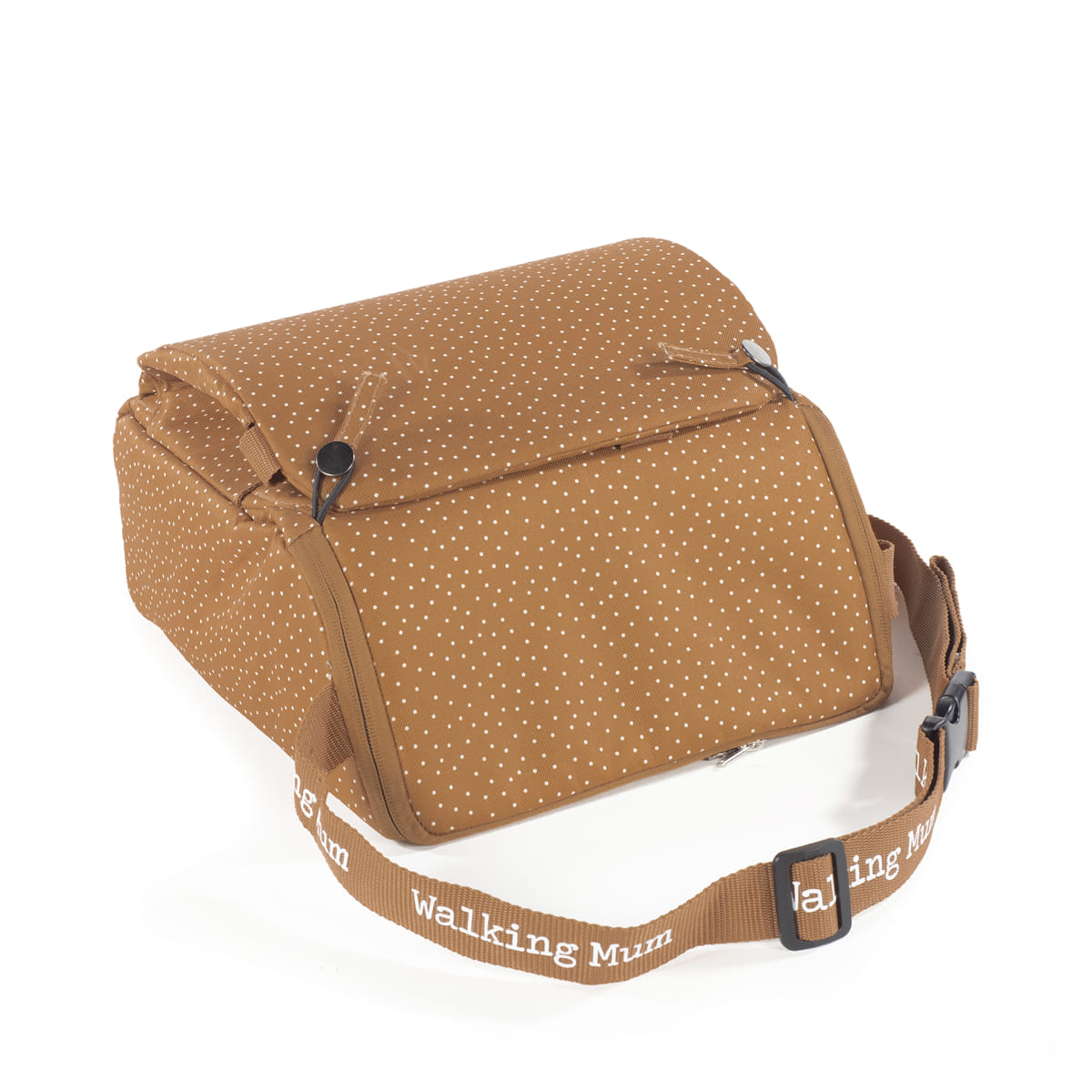 Bolsa transportadora castanha com padrão de pontos e alça com texto