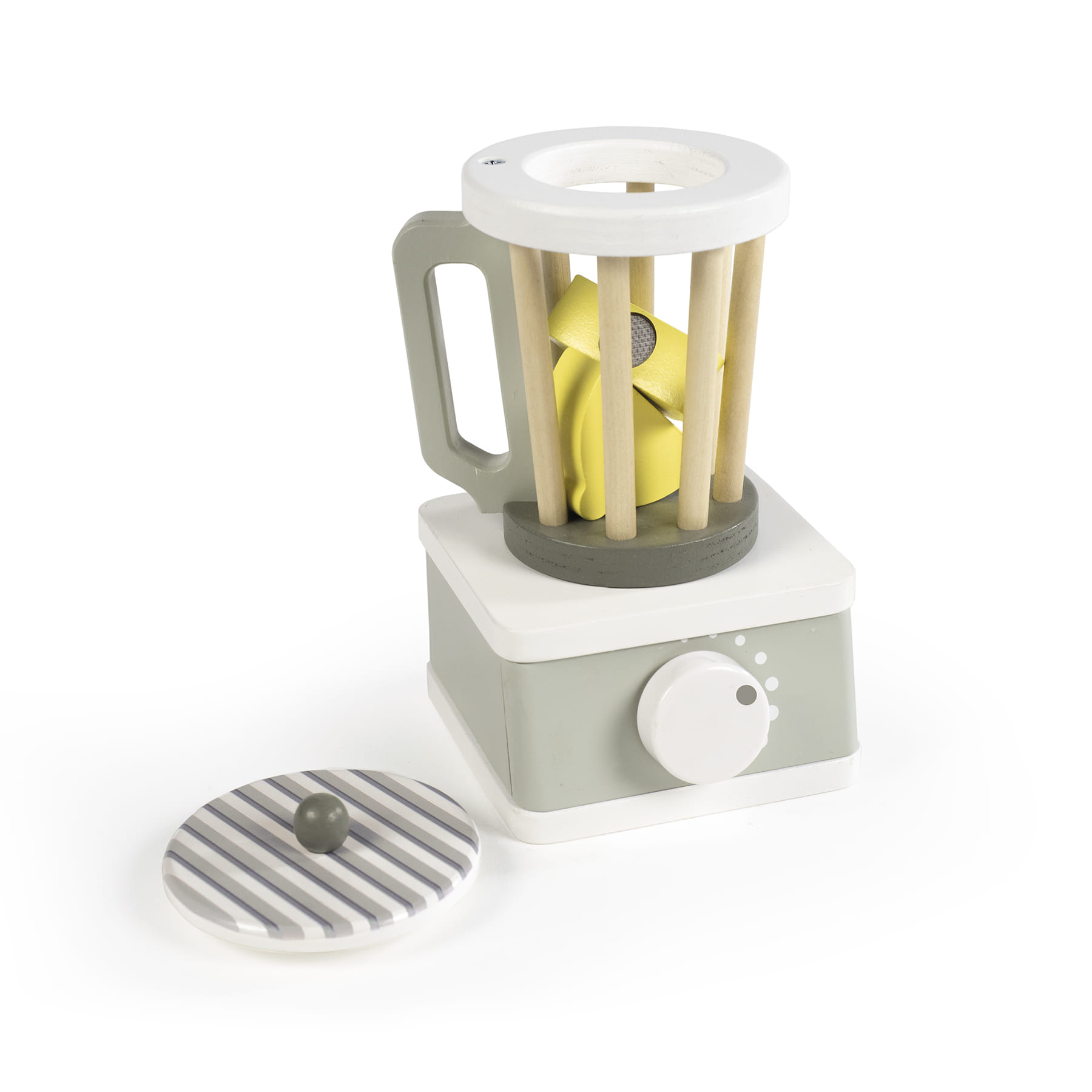 Misturador de brinquedo em madeira com jarro tipo gaiola e tampa listrada