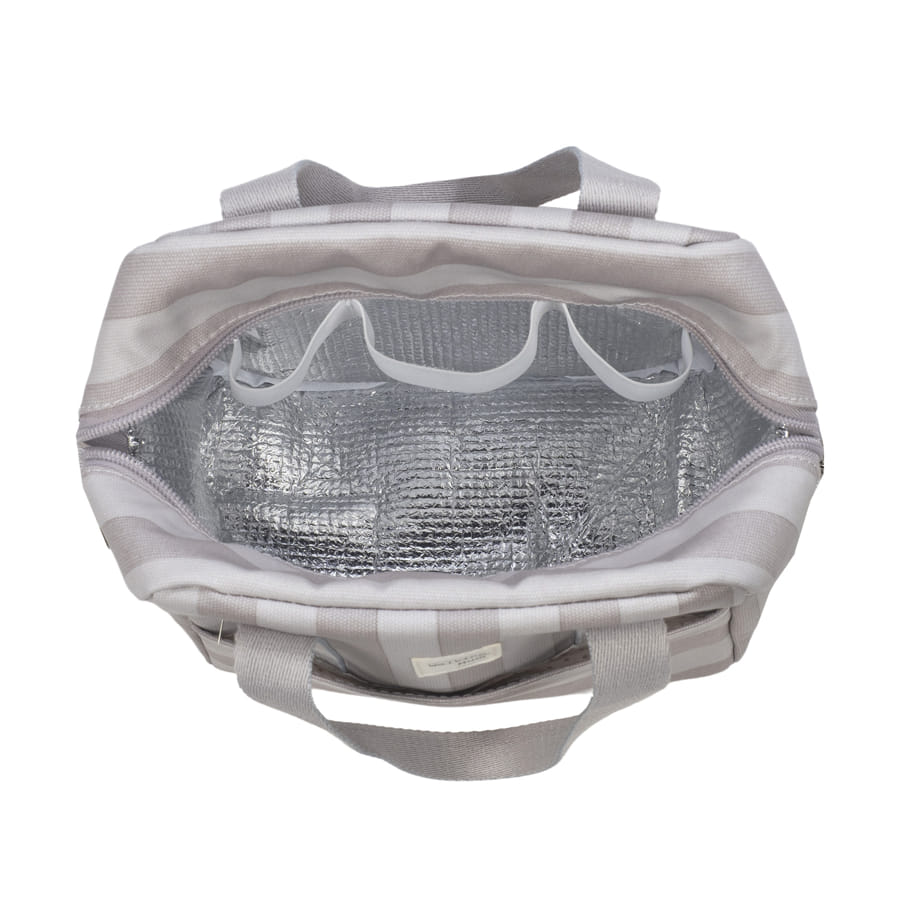 Bolsa térmica cinzento claro com fecho aberto e interior metalizado