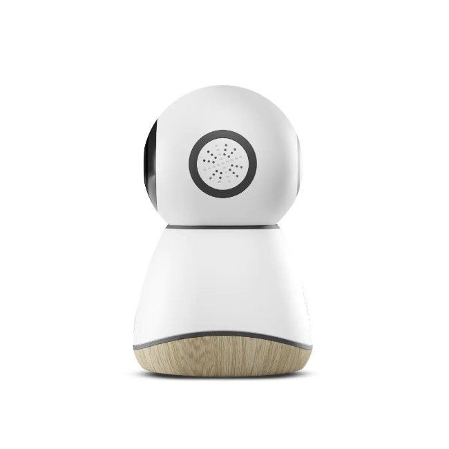 Câmara de vigilância branca com base de madeira clara, design arredondado.