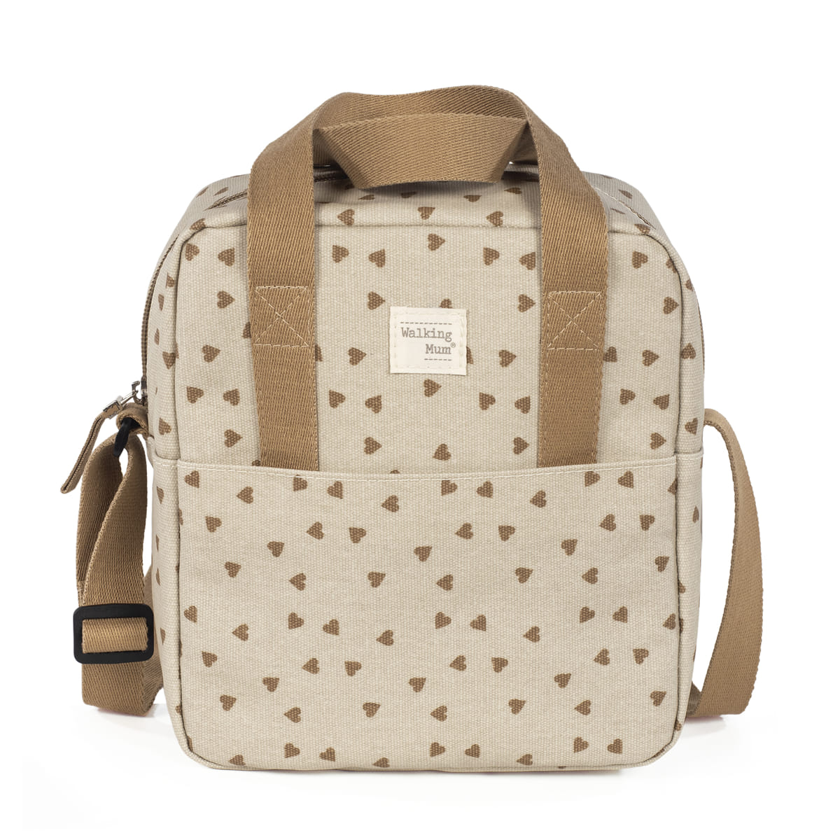 Mala quadrada bege com corações castanhos e alças castanhas