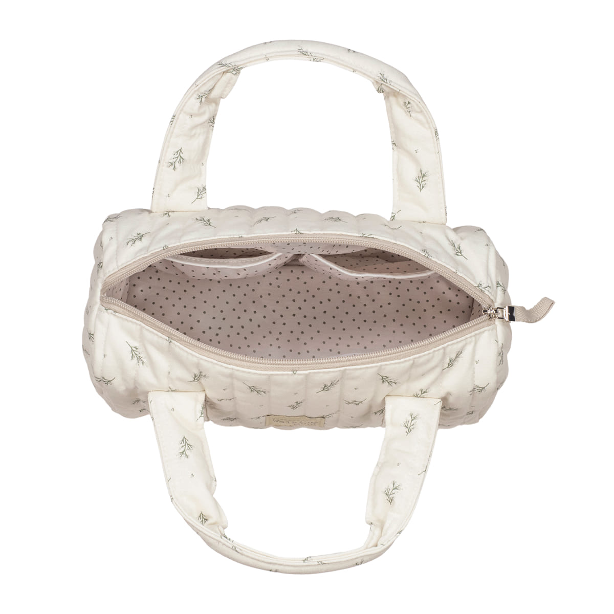 Mala de mão branca com padrão floral e interior forrado com pontos castanhos