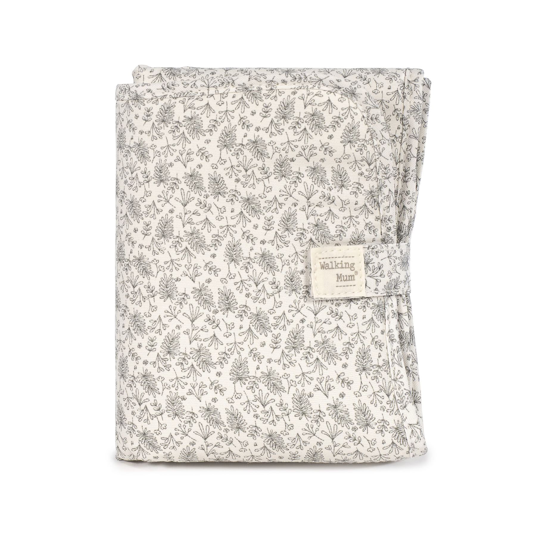 Têxtil dobrado com padrão floral cinzento e etiqueta Walking Mum