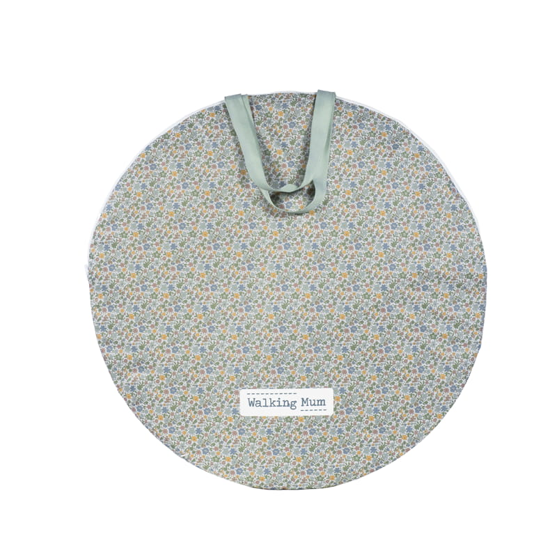 Bolsa redonda floral com alças verdes e etiqueta Walking Mum