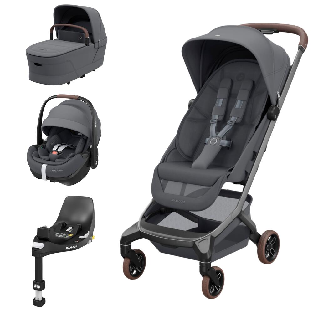 Conjunto Maxi-Cosi cinza escuro com carrinho, alcofa, cadeira auto e base para carro