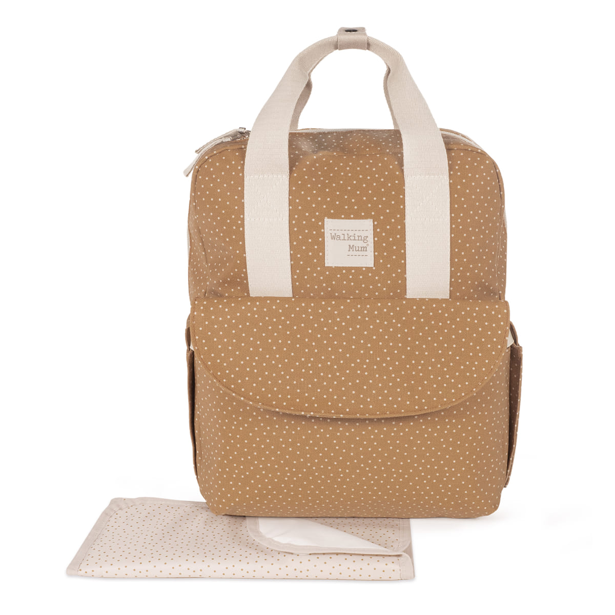 Mochila castanha com pontos brancos, alças brancas, bolso frontal, etiqueta 'Walking Mum' e manta bege com pontos