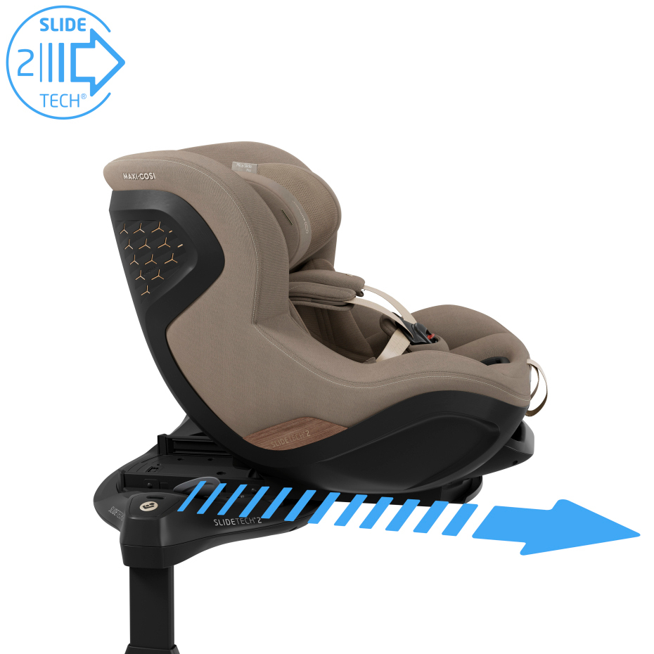 Cadeira auto infantil Maxi-Cosi bege com base preta e sistema SlideTech 2