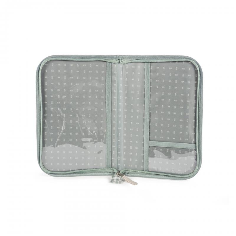 Estojo organizador cinza aberto com zíper e compartimentos transparentes