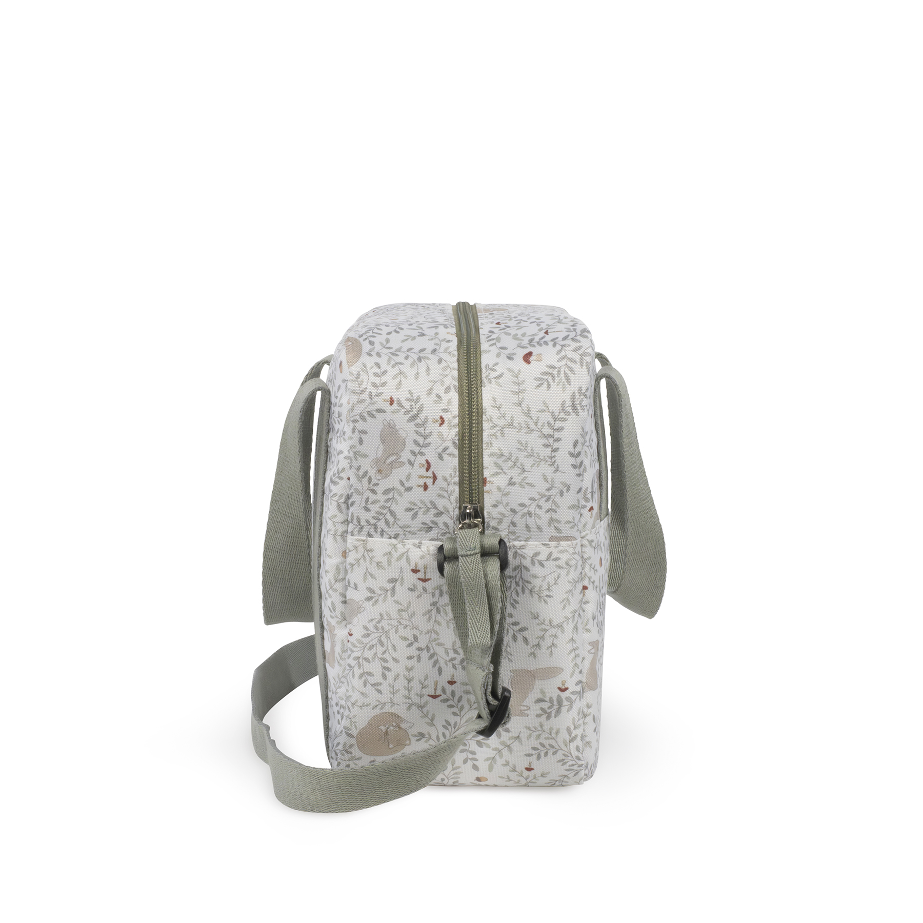 Mochila quadrada com padrão de coelhos e raminhos em fundo branco.