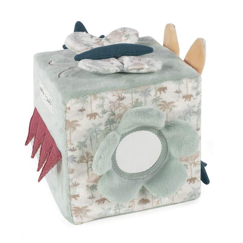 cubo de tecido macio com padrão de dinossauros e detalhes em forma de flor, asas e orelhas