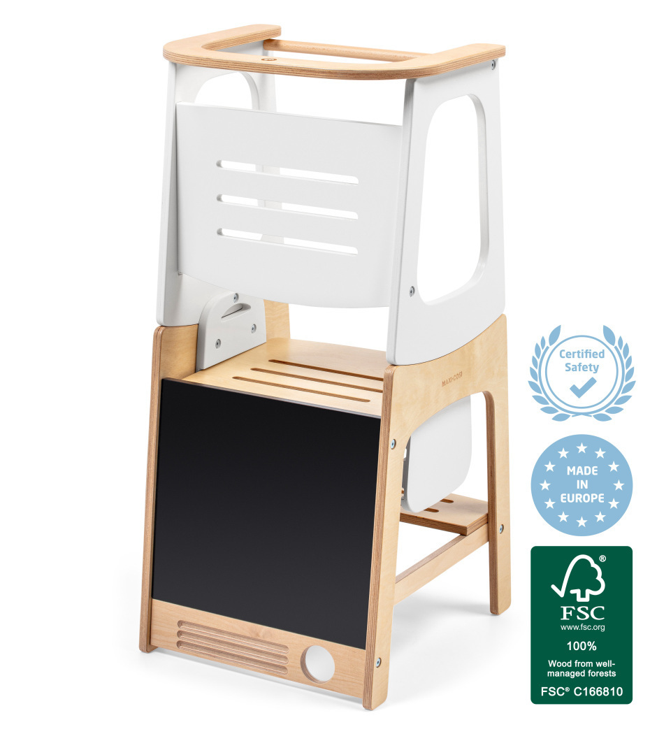 Cadeira para criança de madeira com painel quadro-negro e design funcional