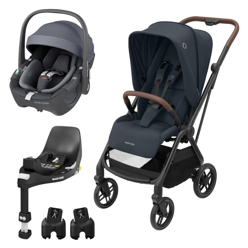 Conjunto carrinho de bebé Maxi-Cosi azul escuro com banco auto cinzento e acessórios