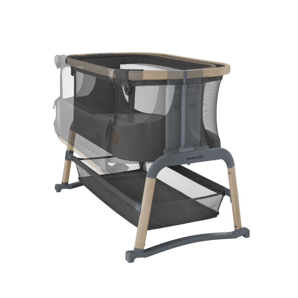 Berço para bebé em madeira clara com tecido preto e detalhes cinza
