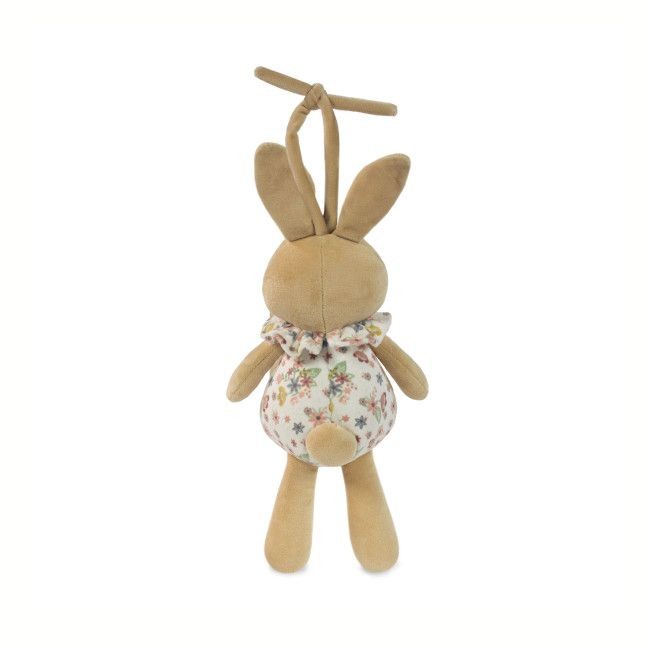 Boneco de peluche coelho castanho claro com roupa floral e laço para pendurar
