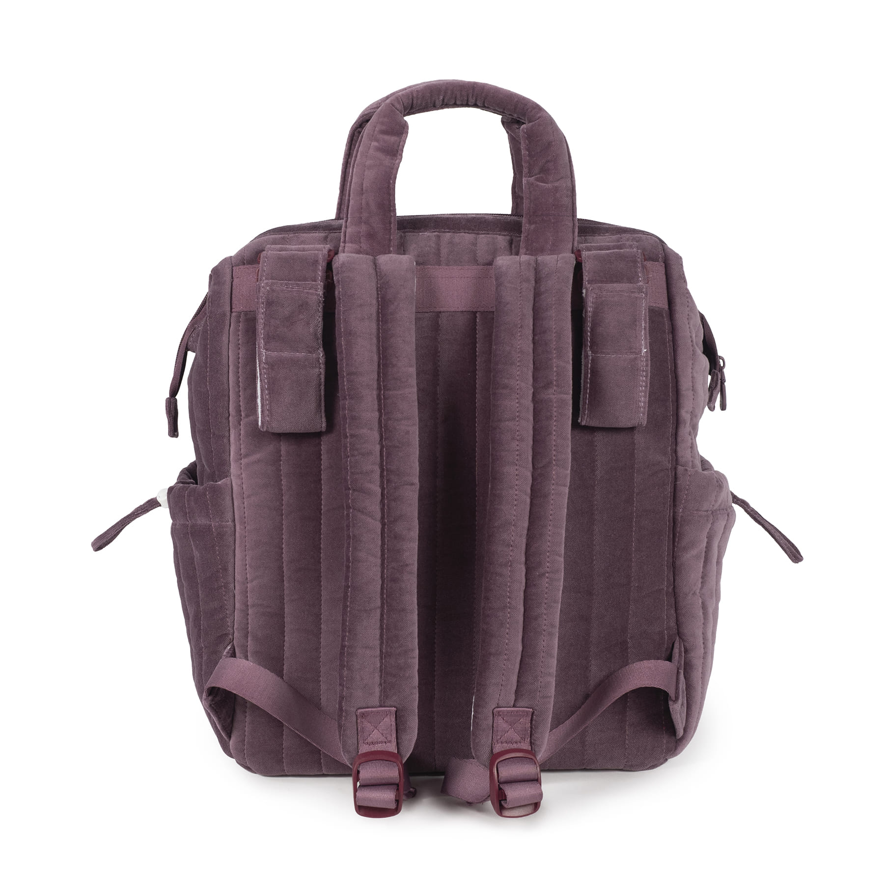Mochila roxa em veludo vista de trás com alças acolchoadas